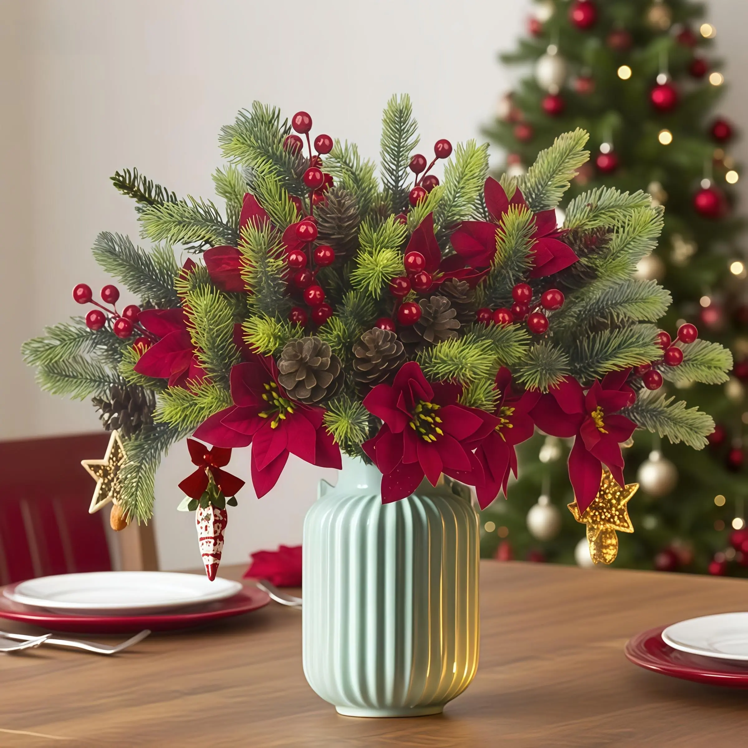 Set of 6 Artificial Christmas Poinsettia Stems, Faux Floral Picks with Berries, Pine Cones & Needles, Lightweight Holiday Decor