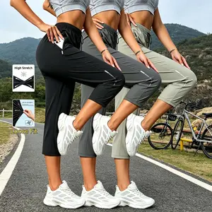 3PC Comfortable and loose-fitting women's ice silk cropped pants, made of breathable and high-elastic summer fabric, with adjustable waist via drawstring and zippered storage pockets, suitable for exercise, fitness, and home leisure