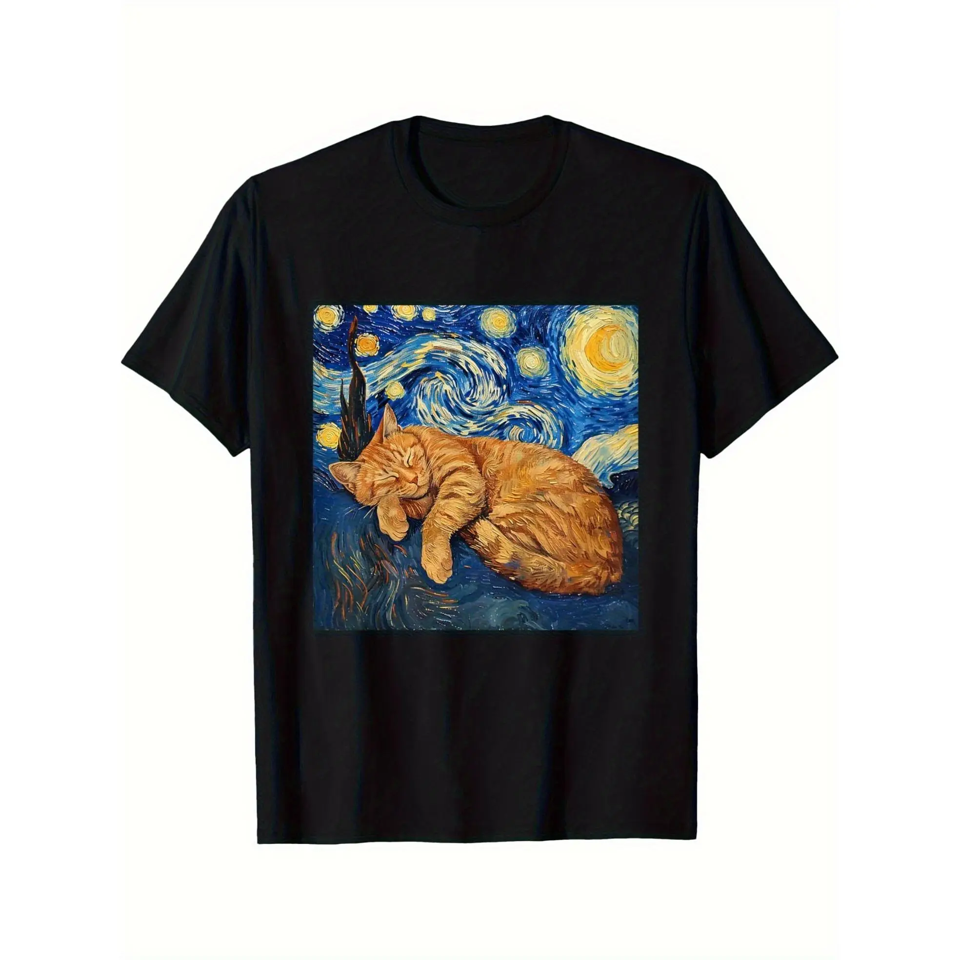 Men's Comfy Graphic T-Shirt, Van Gogh Starry Night & Fluffy Ginger Cat Art, Relaxed Fit 100% Cotton Tops