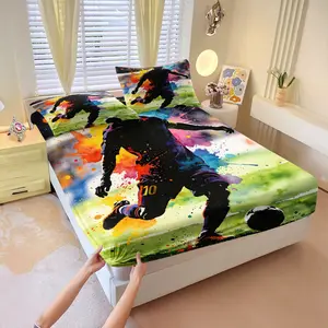 3Pcs Watercolor Splash Soccer Fitted Sheet Set, Dynamic Athlete Silhouette Print, Premium Soft Microfiber, Deep Pocket, Perfect Bedding for Soccer Fans' Themed Bedroom