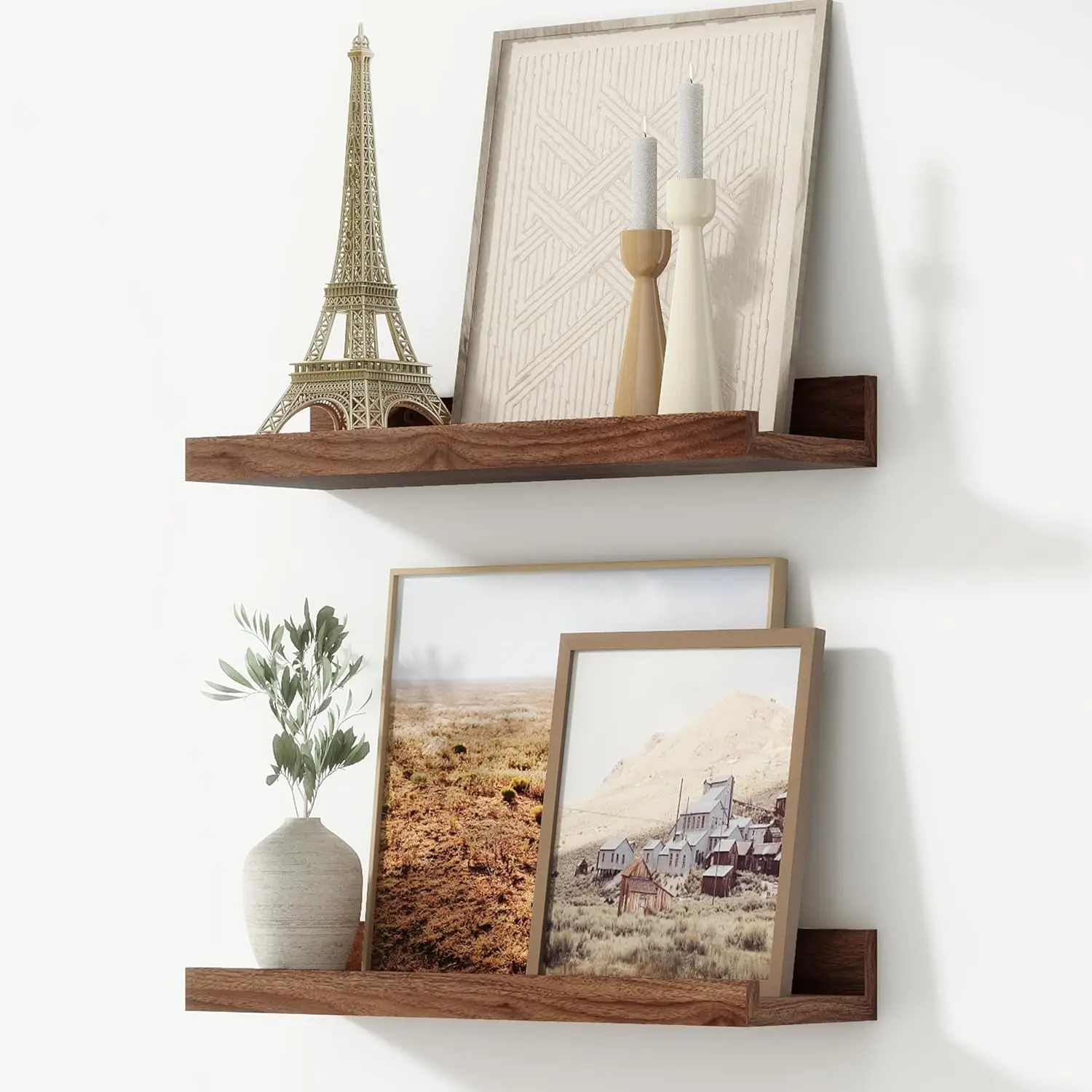 Picture Ledge Shelf, Floating Shelves Set of 2, 16 Inches Nursery Book Shelves for Toys Storage, Kids Bookshelf Wall Mounted for Living Room Bedroom Decor Books Photo Frames, Walnut