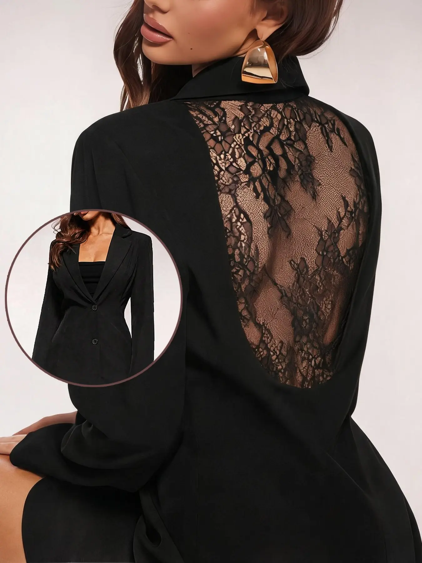 Women's Backless Lace Sheer Long Sleeve Blazer Jacket, Two-Button Waist Cinch Deep V Collar Sexy Suit Top, Elegant Chic Outerwear for All Seasons