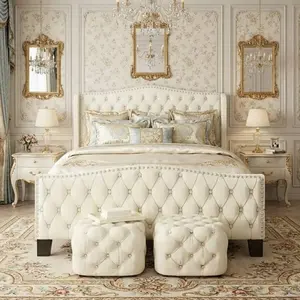 Furniture Queen Size Beige Upholstered Platform Bed Frame, 51" Tall Camelback & Wingback Headboard, Button Tufted Footboard With Nailhead Trim, Vintage Style Bedroom Furniture, Quiet Sleep & Easy Setup
