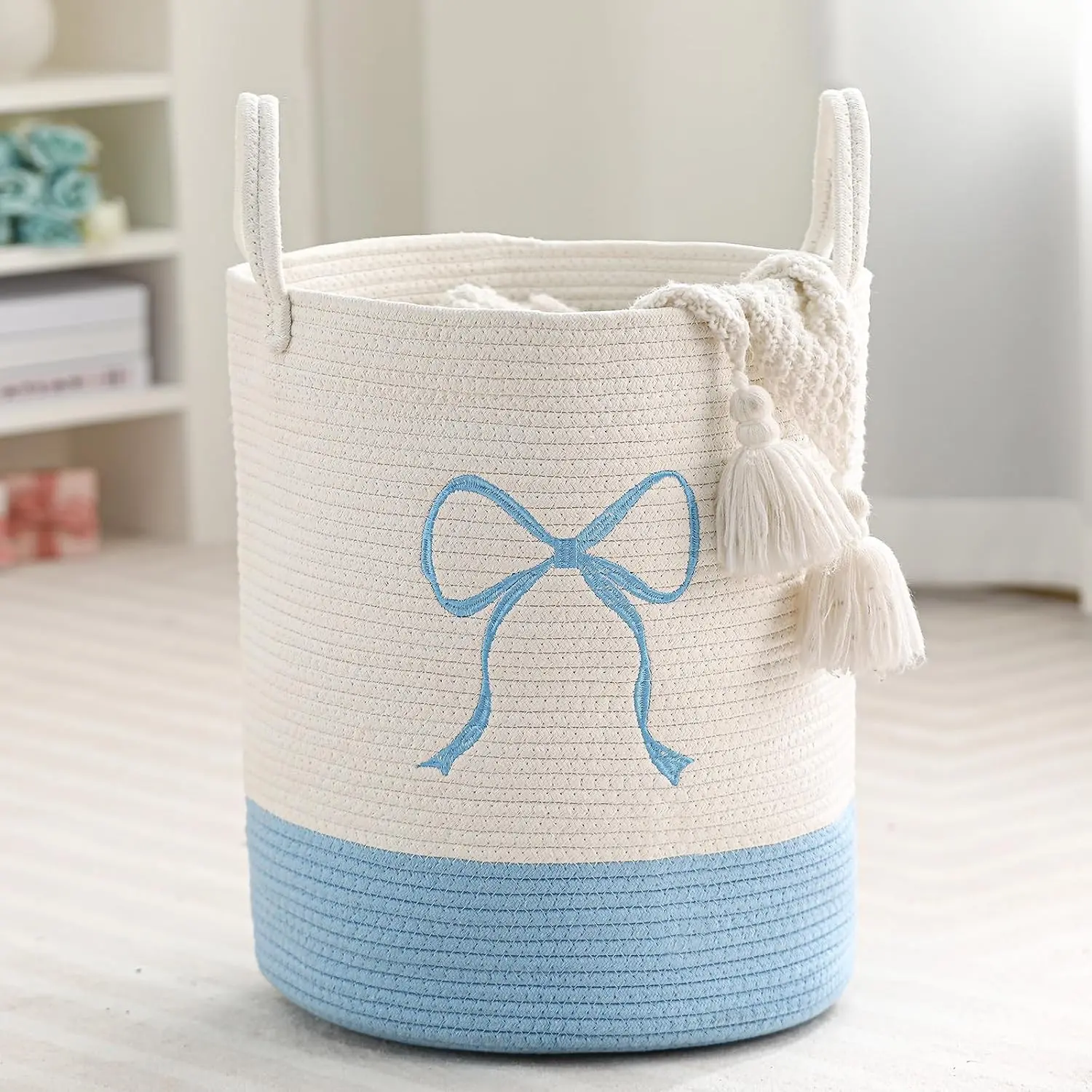 Honeydak Blue Laundry Basket Bow Hamper Coquette Laundry Basket Cotton Rope Blue Hamper 15 x 17.7 Inches Toy Box Large Coquette Bow Teens Girls Room Storage for Blanket Toys Clothes Organization