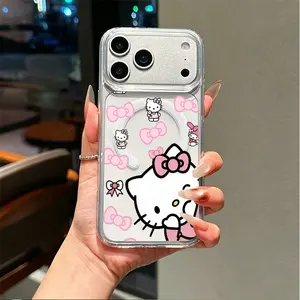 Sweet Pink Bow Cartoon Kitten All Over Pattern Magnetic Phone Case Supports Wireless Charging for iPhone 17 Air 16 15 14 Pro Max 13 12 11 Samsung Galaxy S26 S25 Ultra S24 S23 S22 Plus S21 Shockproof  Protection  Acrylic phone case