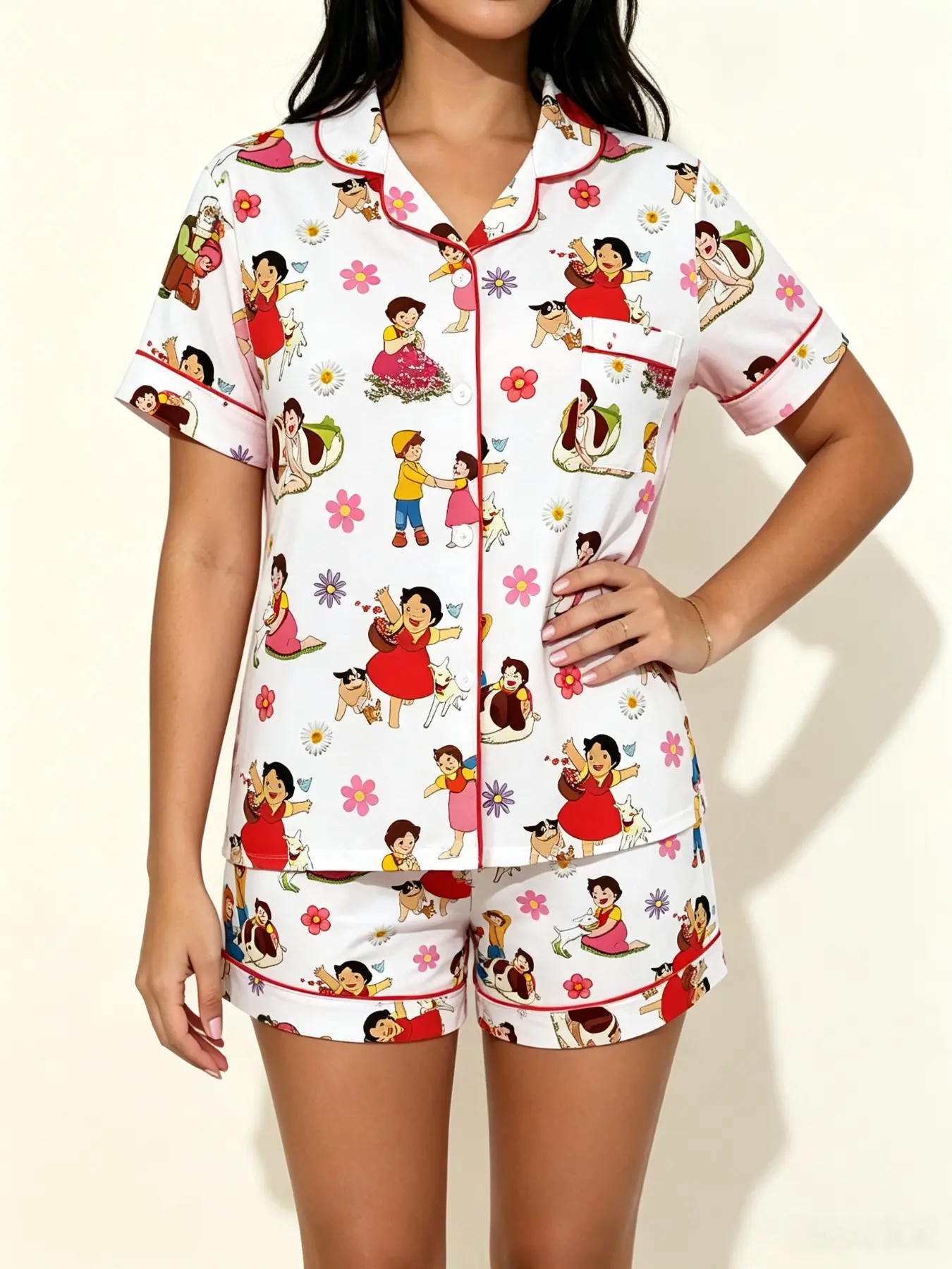 Teenage Cute Retro Floral Cartoon Pajama Set, Soft Breathable Short Sleeve Top + Elastic Waist Shorts, Comfortable Two-Piece Home Wear