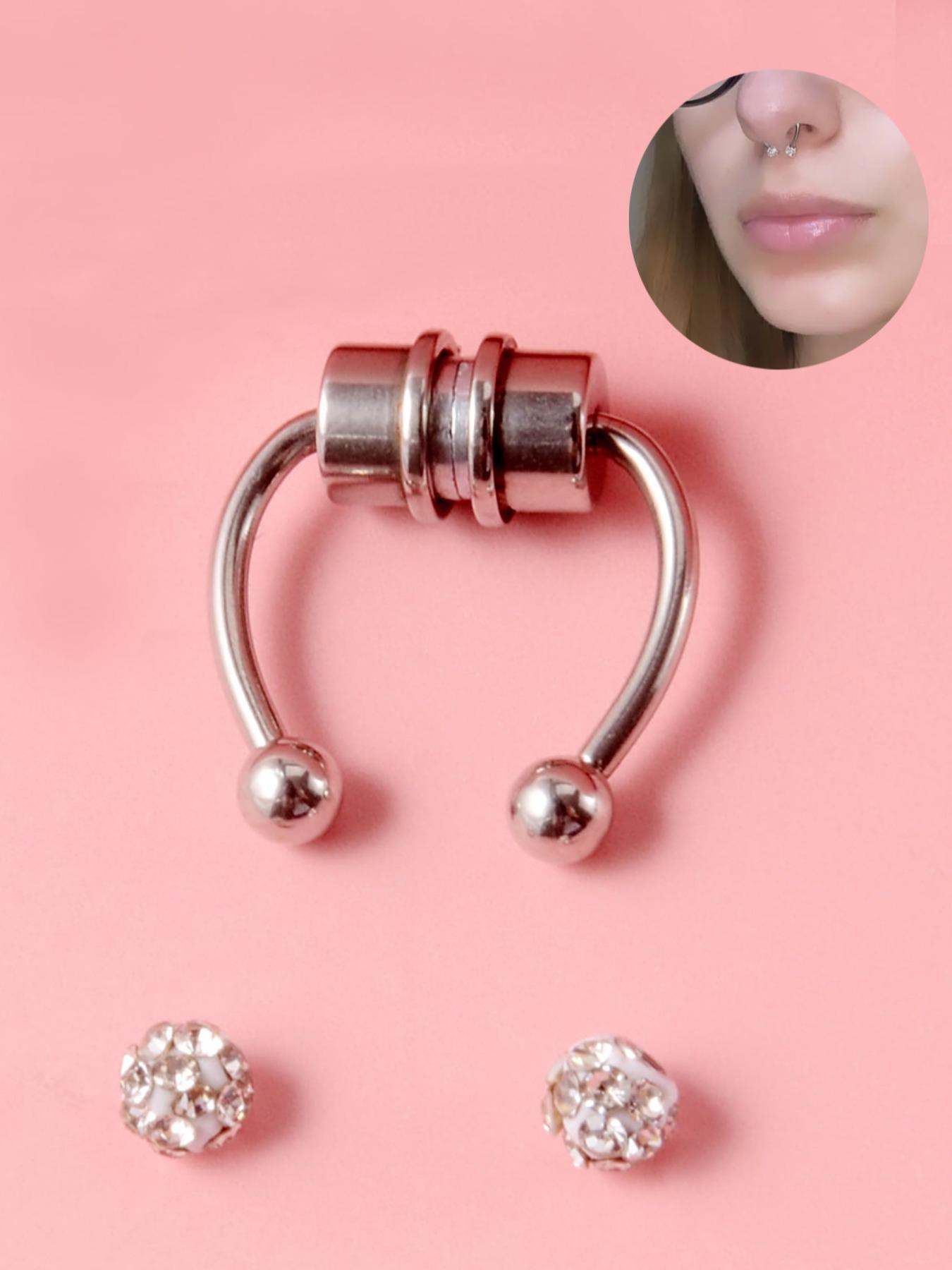 Body No Piercing Jewelry, Magnetic Nose Rings with Rhinestone Decorated Replacement Head, Magnetic Nose Cuff for Men & Women, Spiral Nose Ring