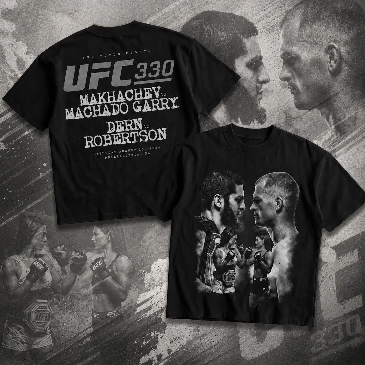 Men's Medium Length Double-Sided Print T-Shirt - UFC 330 Philadelphia Islam Makhachev vs Ian Machado Garry MMA Fight Fan Design, Machine Washable Menswear Top