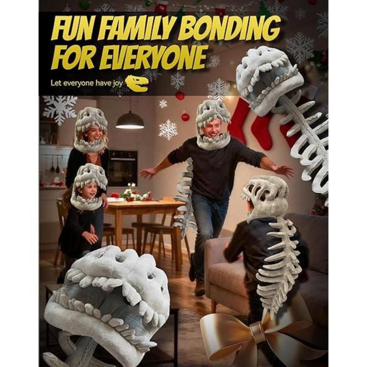 Realistic Dinosaur Skeleton Costume Set for Adults and Kids – Soft Plush Mask Hood with Spinal Backpiece, Wearable Halloween Role Play Party Outfit for Jurassic Cosplay