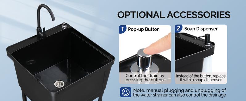 ROVSUN Plastic Utility Sink, Freestanding Sink with Hot&Cold Faucet, Soap Dispenser, Drain Plug and Iron Legs with Storage shelf, Perfect for Basement, Laundry Room, Garage, Black 23.6"×23.6"×36.2"