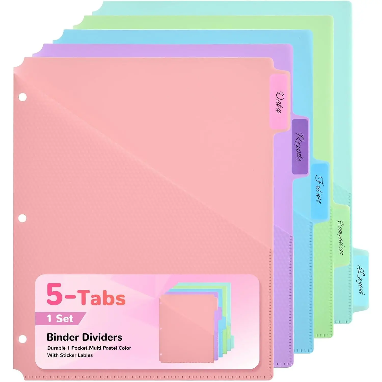 5-Tab Binder Dividers with Pockets - Heavy Duty Plastic Dividers for 3 Ring Binder, Letter Size Poly Page Separators with Tabs & Label Stickers,  Texture, 5 Pastel Colors, 1-Pack