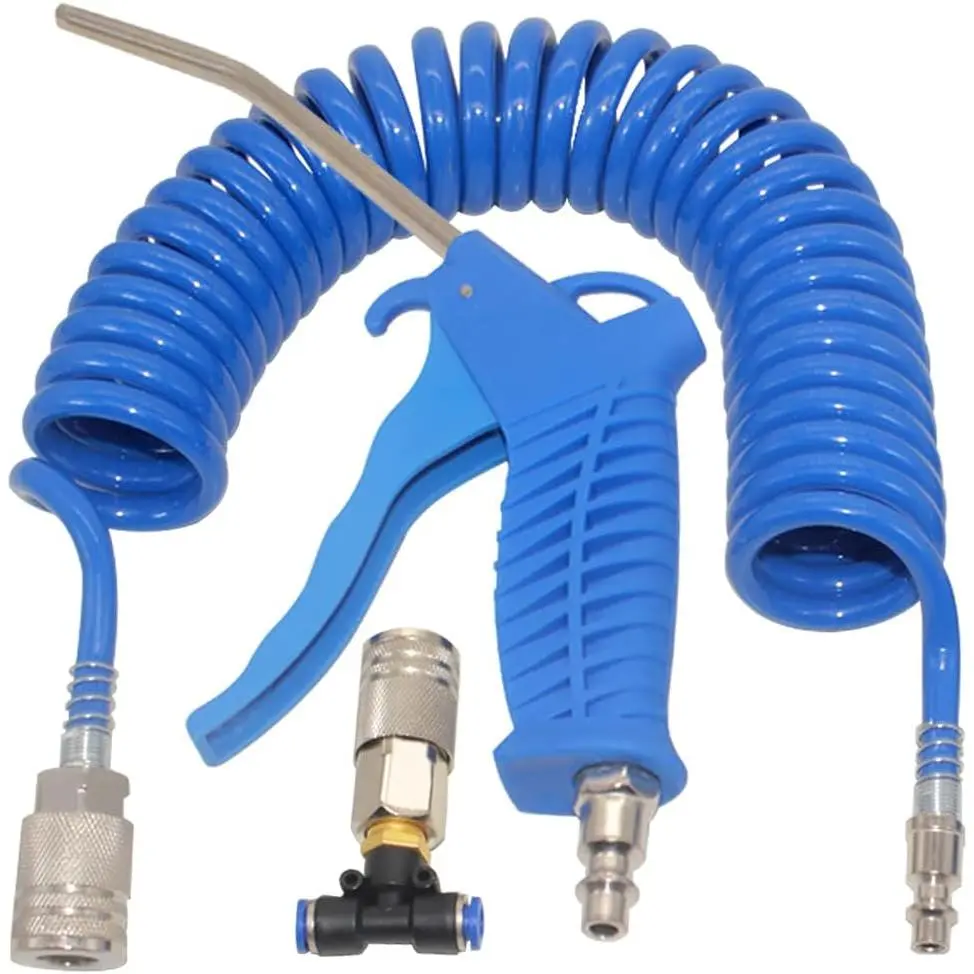 Air Blow Gun kit with 16ft Long 8mm OD Coil PU Air Hose Air Duster Blow Gun Kit with PTC Adaptor (Blue)