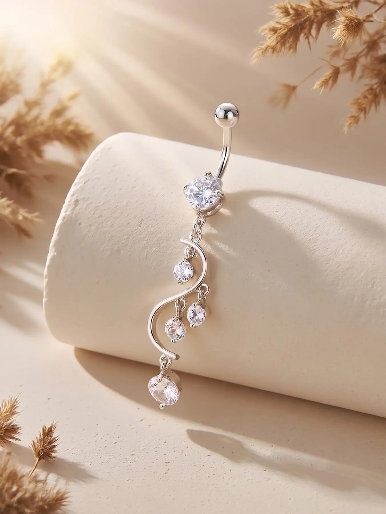 14g Stainless Steel Belly Button Rings, Cz S-Wave Dangle Navel Rings, Rhinestone Belly Ring, Elegant Tassel Curved Barbell Piercing Jewelry for Women Girls