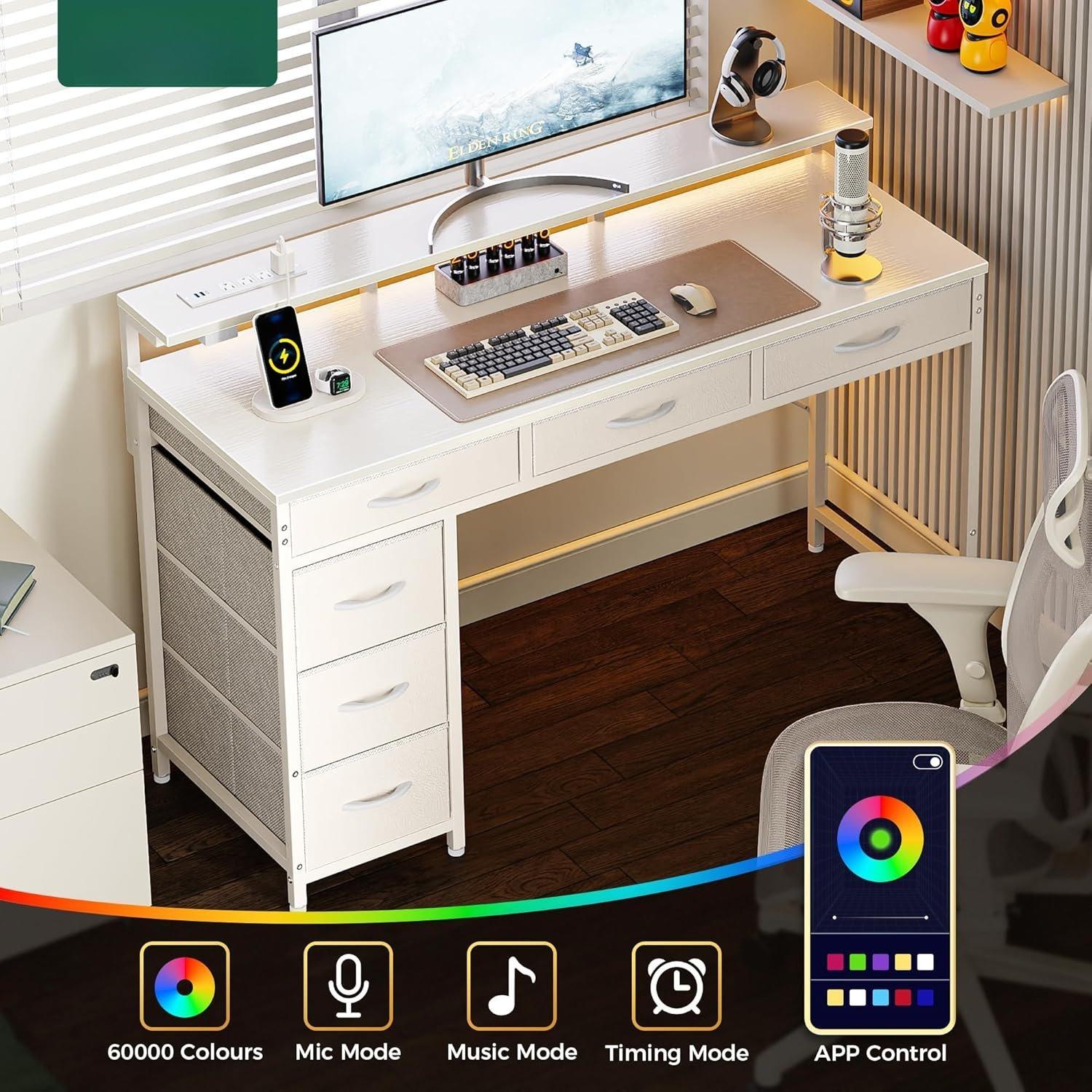 Gaming Desk with 6 Drawers, Computer Desk with LED Lights Power Outlets and Type-C, 39 Inch Office Desk with Storage, Stand, Writing Desk Work Desk Office, Bedroom, Study, White Gaming Desk with 6 Drawers, Computer Desk with LED Lights Power Outlets and Type-C, 39 Inch Office Desk with Storage, Stand, Writing Desk Work Desk Office, Bedroom, Study, White