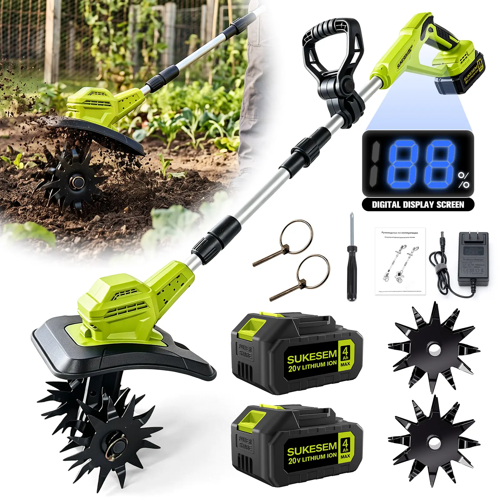 20V Cordless Tiller, Electric Garden Cultivator, equipped with two 4.0Ah batteries and charger. 9-inch working width, 6.6-inch tilling depth, ideal for lawn care, gardening and soil cultivation.
