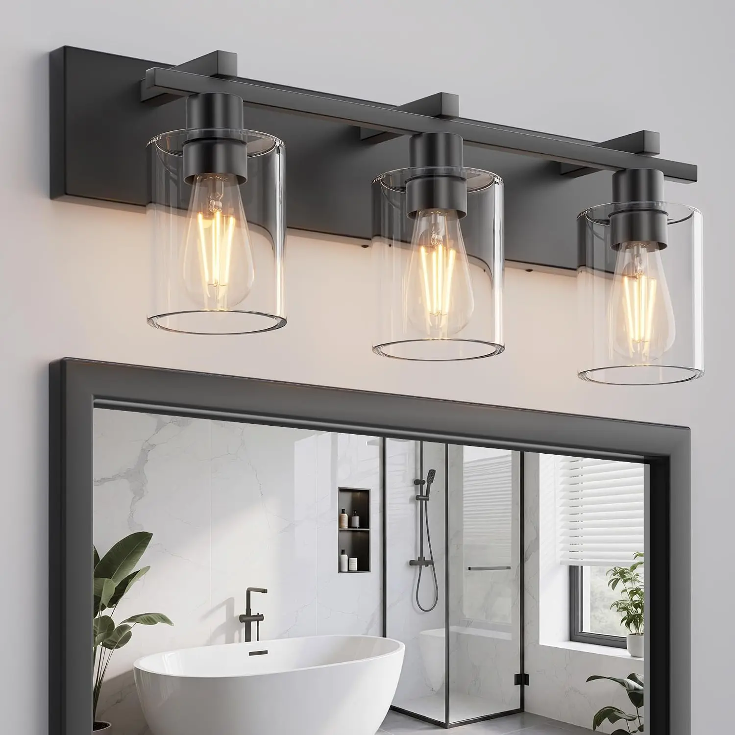 Bathroom Vanity Light, 3-Light Matte Black Fixture with Thickened Clear Glass Shade, 21 inch Dimmable Modern Wall Sconce for Bathroom