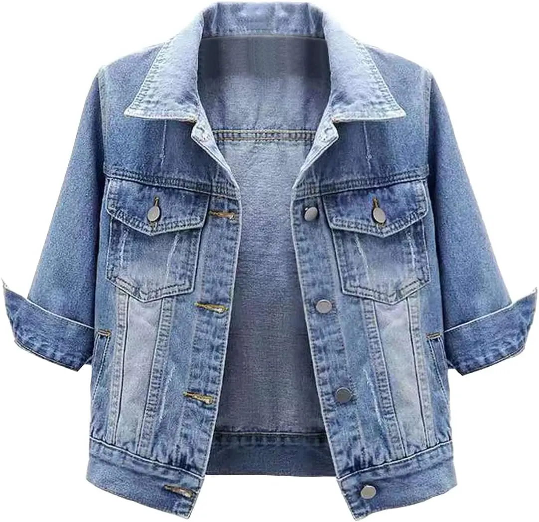 Women's 3/4 Sleeve Colored Cropped Denim Jacket Light Wash Short Jean Jacket Trucker Coat