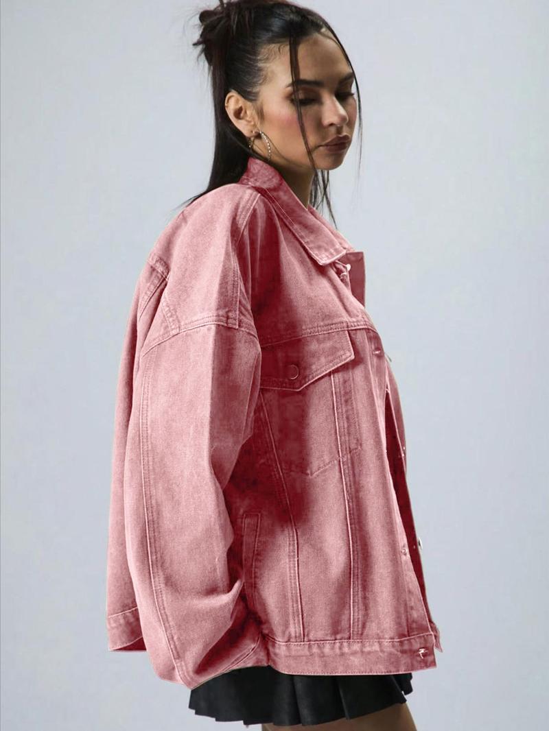 Women's Plain Button Front Drop Shoulder Denim Coat, Casual Long Sleeve Collared Pocket Outerwear for Daily Wear, Ladies Clothes for All Seasons, Clothing for Women Women's Plain Button Front Drop Shoulder Denim Coat, Casual Long Sleeve Collared Pocket Outerwear for Daily Wear, Ladies Clothes for All Seasons, Clothing for Women
