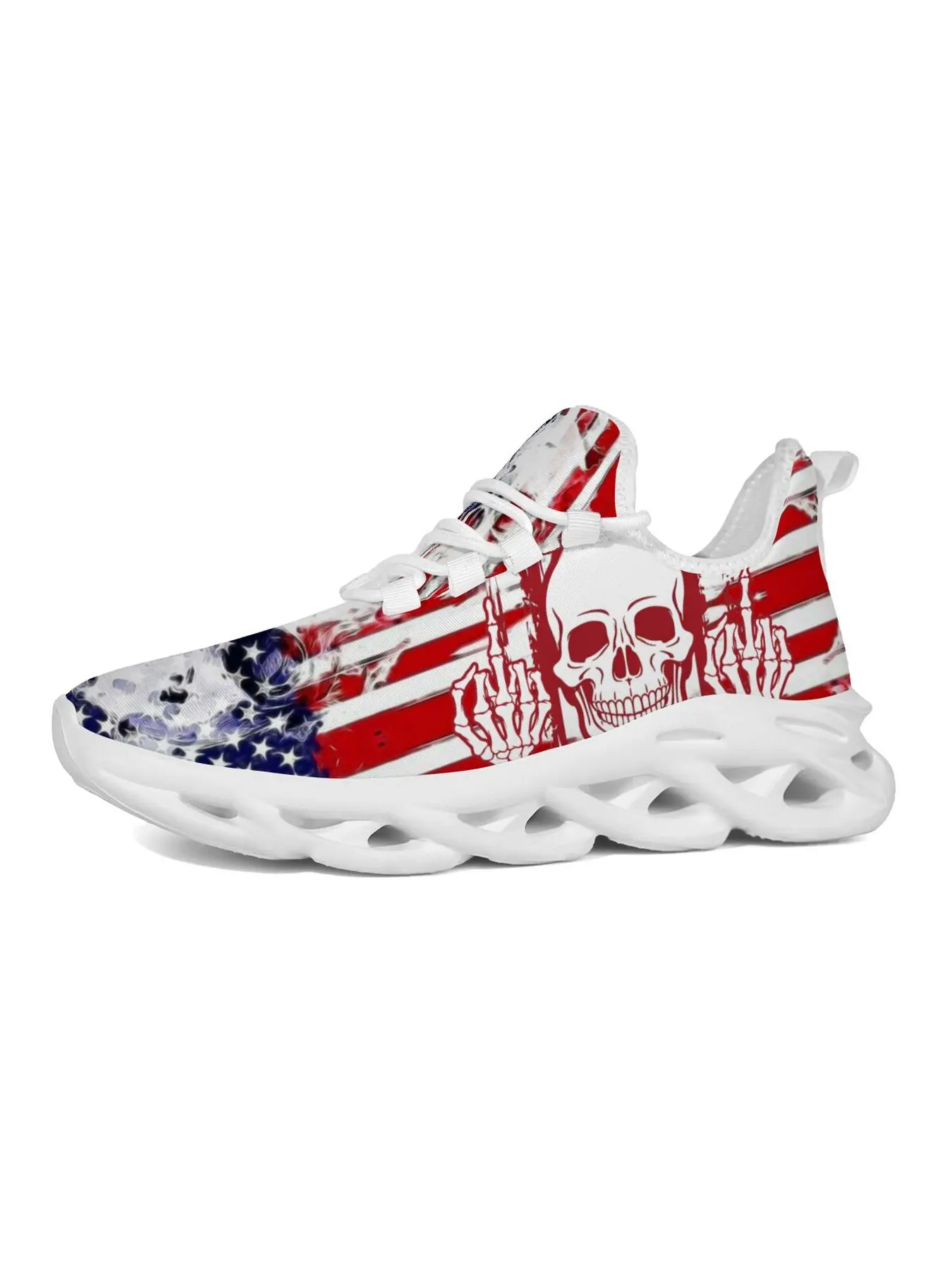 USA Patriotic Skull Skeleton Hand Graphic Sneakers for Men Women, Lightweight Breathable Athletic Trainers with American Flag Print, Non-Slip Comfortable Sport Shoes for Daily Wear and Outdoor Sports