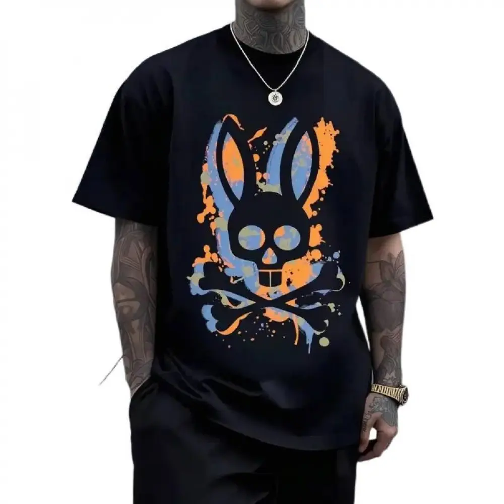 Women's Graphic T-Shirt, 100% Soft Casual Top with Colorful Skull Rabbit Head & Crossed Bones Design, Rock-Inspired Edgy Look for Distinctive Style, Graphic T Shirts, Women's T Shirts