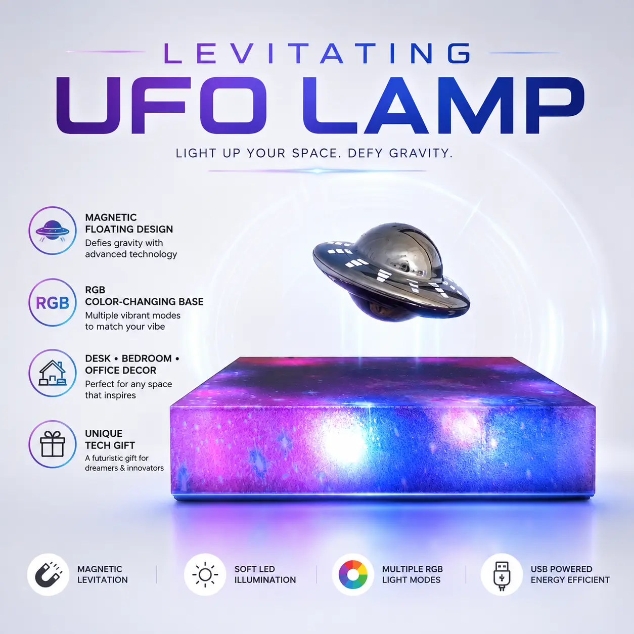 Levitating UFO Lamp with RGB Lighting Base, Magnetic Floating Novelty Night Light for Bedroom Decor, Desk - Unique Decor Futuristic Space-Themed Toy, Tech Gift for Kids & Adults, Compact Base
