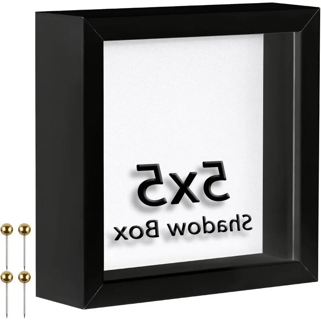 5x5 Shadow Box Frame with Soft Linen Back & Push Pins - Clear Polystyrene Glass Display Case for Flowers, Tickets, 3D Keepsakes, BlackGift