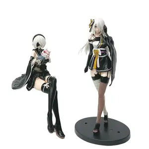 2Pcs NieR Automata Kimono Version PVC Figure Set Anime Girl Statue 2B Short White Bob Blindfold Holding Red Fox Mask Sitting Posture A2 Long White Hair Bandage Leg Standing Pose Black Japanese Kimono With Gold Ribbon Belt Thigh High Stockings Solid Hand-P