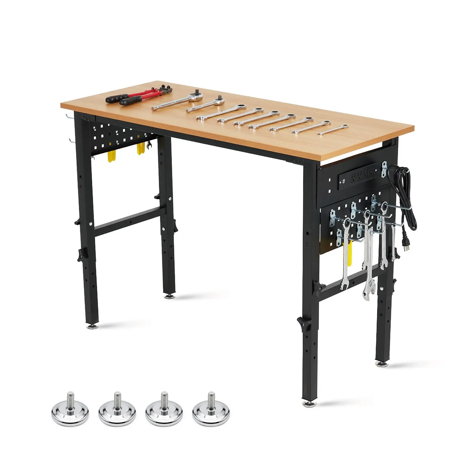 48"x20" Adjustable Height Workbench 2200 LBS Heavy Duty Rubberwood Top Built-in Power Strip Pegboard Tool Storage Workshop Table