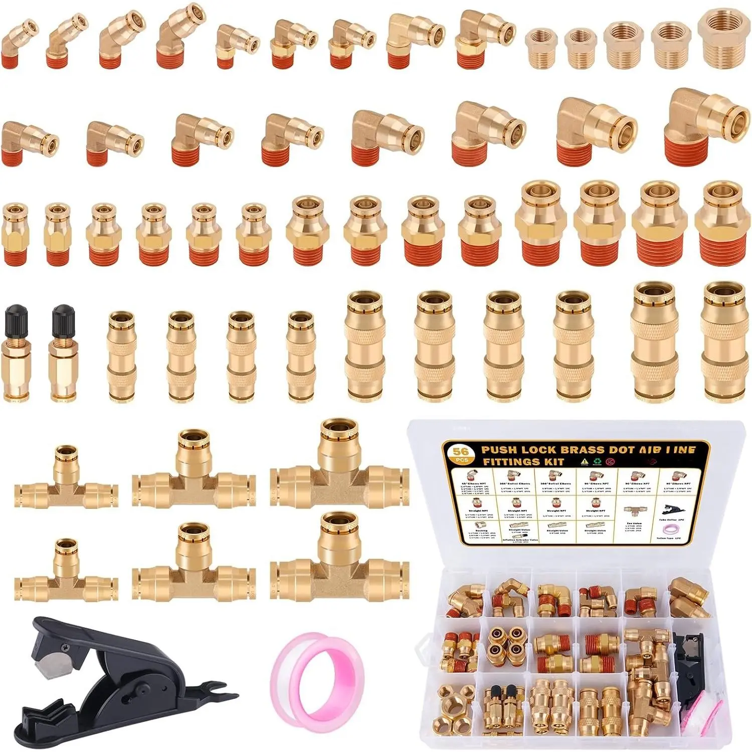 56 count Brass DOT Air Line Fittings kit with Brass Bushings Push to Connect Fittings Push Lock DOT Air Fittings NPT Thread & Quick Connect Air Hose Fittings