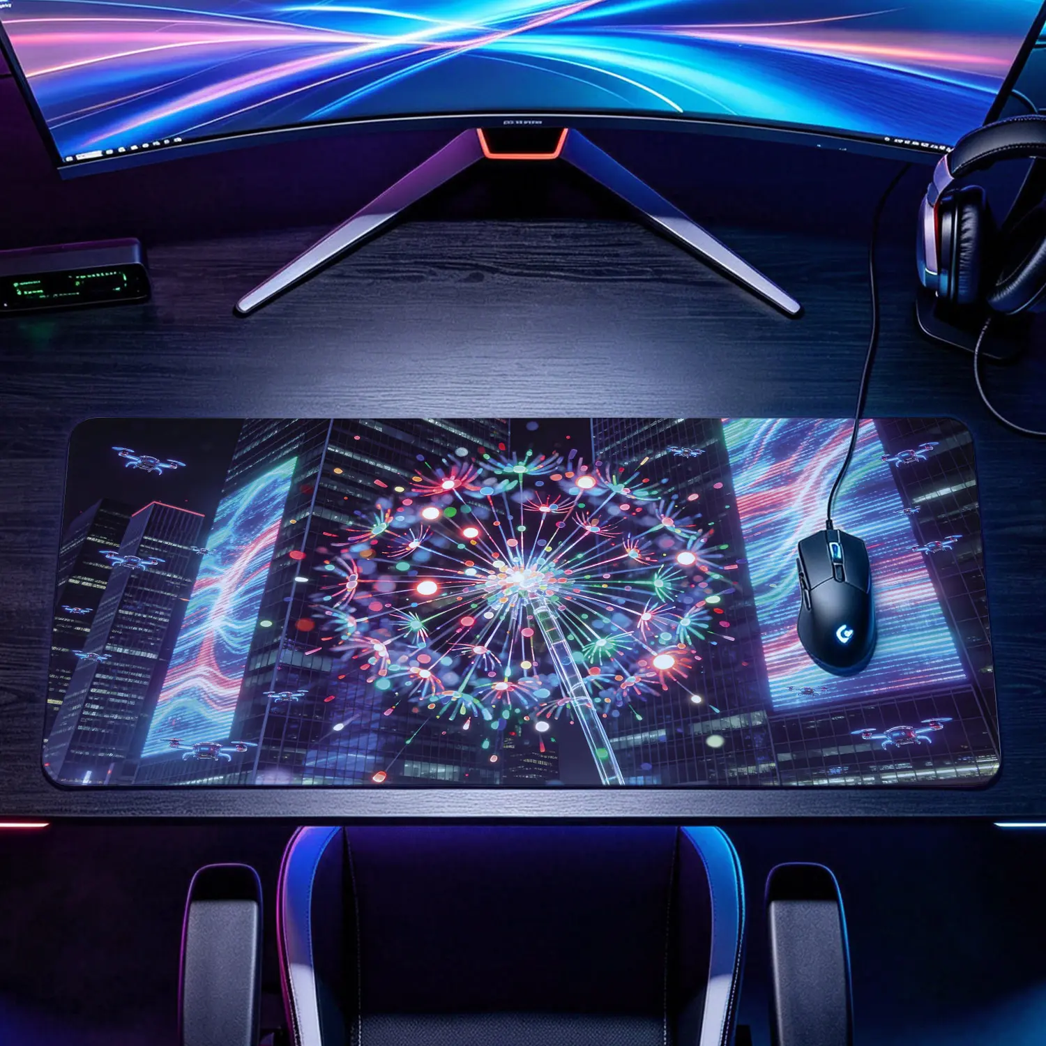 Extra Large futuristic cyberpunk city dandelion glowing lights Mouse Pad,Non Slip Rubber Pad,Desktop Decoration Drotection Pad,Washable,Lock Edge Multi Size,Premium Multipurpose Mousepad For Gaming Room,Study Desk,Gift for Family and Friends