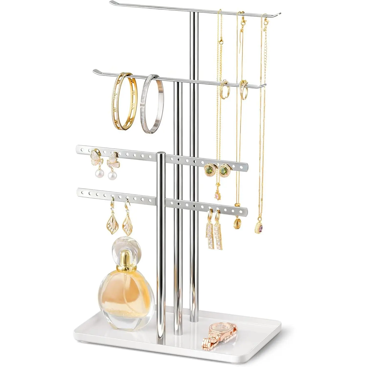 Polished Finish Modern Silver Metal Jewelry Storage Organizer Stand - 14.5" Durable Single Unit Hanger for 80 Pcs Jewelry, Dresser Organization & Daily Display for Bedroom Necklace, Earring, Bracelet, Watch, Hardware Included