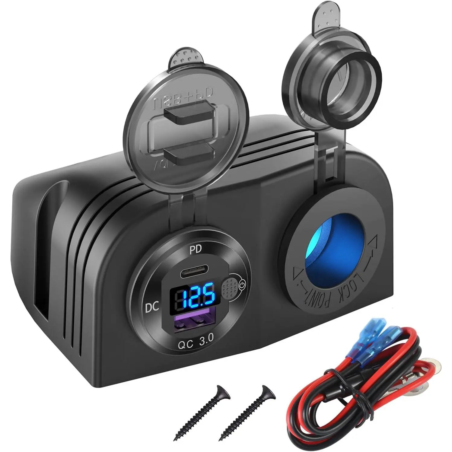Tent Type Panel 12V USB Outlet Lighted Cigarette Lighter Socket, PD3.0 & QC3.0 Car USB Port Aluminum Charger with LED Voltmeter & Switch, Waterproof Power Panel Adapter DIY Kit for Car Boat Marine RV