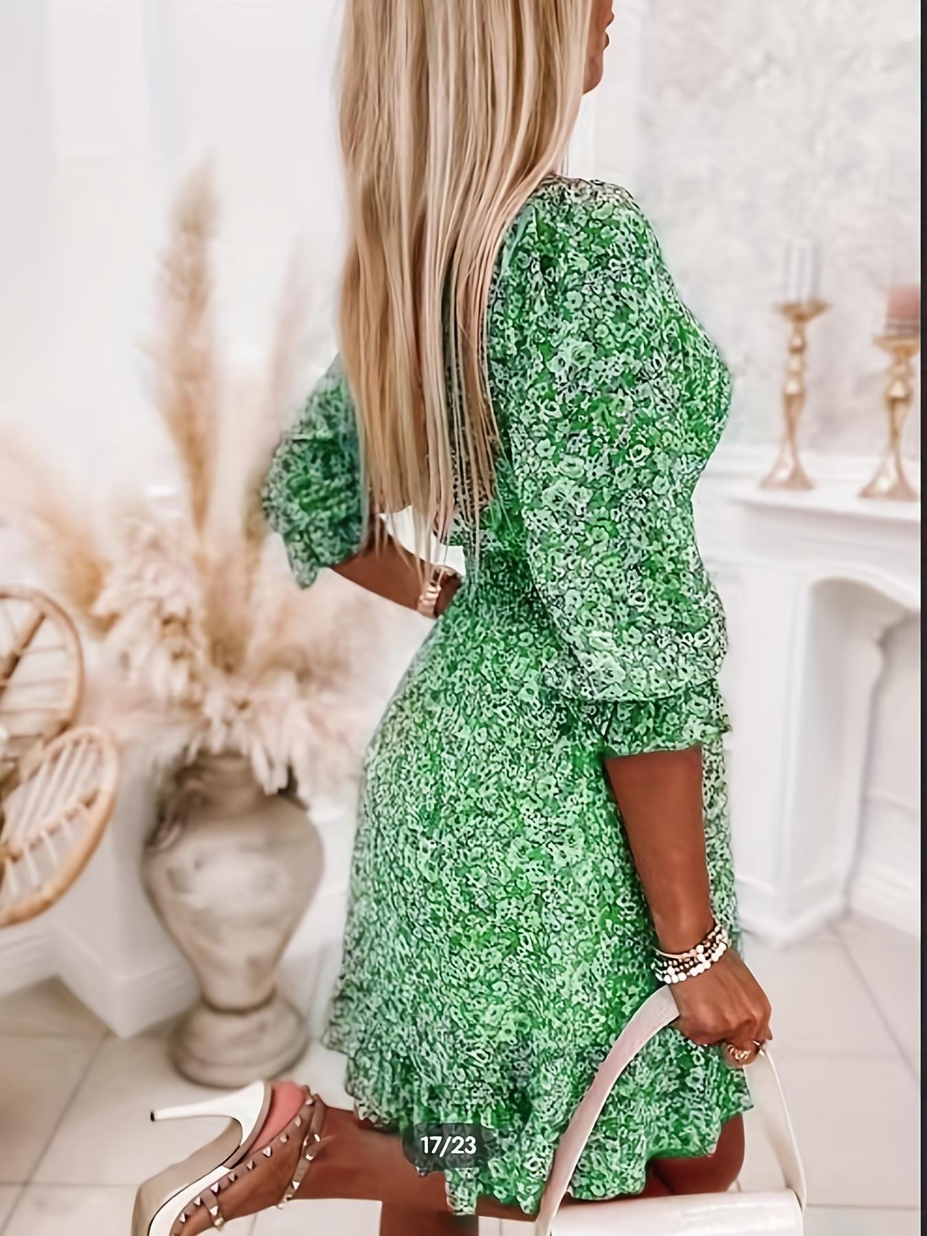 Women's Frenchy Casual Style Ditsy Floral Print Shirred Ruffle Hem Flounce Sleeve Dress, Boho V Neck A-Line Short Dress For Summer Party Holiday, Summer Outfits 2024, Women's Clothes