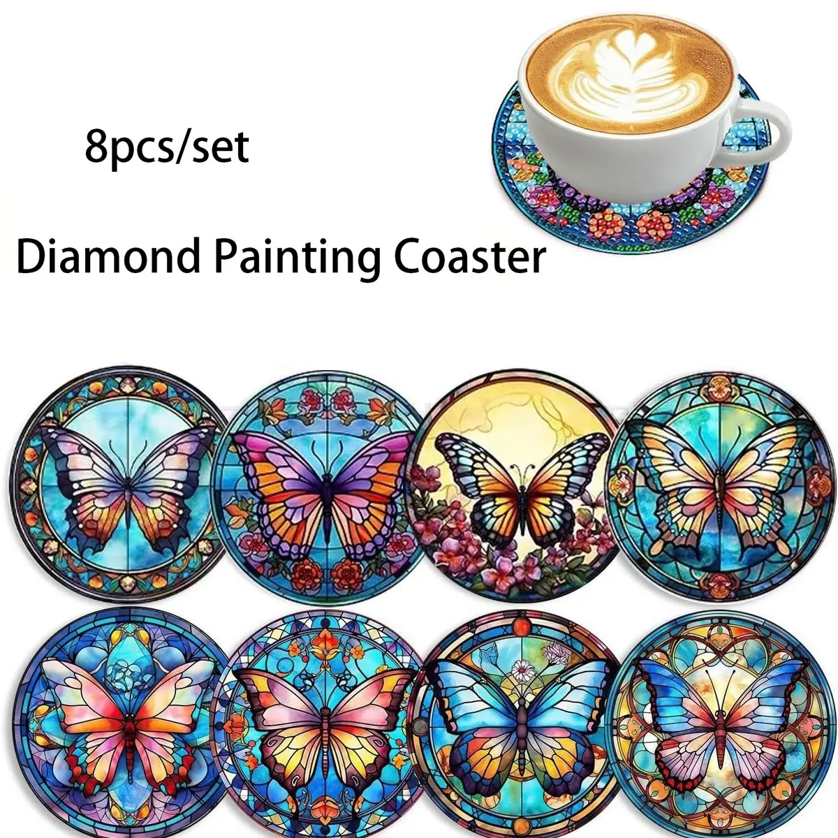 8-Piece Butterfly Pattern Diamond Painting Wooden Coasters Set, DIY Creative Diamond Art for Home Decor & Holiday Decoration, Decorative Coaster, Coasters for Drinks, Cup Coasters