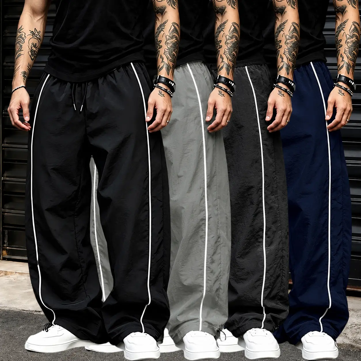 Men's Track Pants 100% Polyester Wide Leg Trousers Piping Stripe Loose Straight Sweatpants Joggers Athletic Sports Activewear Streetwear Casual Pocket Drawstring Elastic Waist  Charcoal Male Fashion Clothing Apparel cozy clean everyday street, Drawstring,