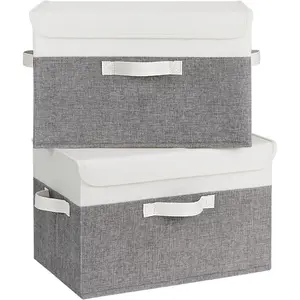 Fabric Storage Boxes, Memory Keepsake Box, Large Storage Bins with Lids, Closet Organizers, Toy Box, Storage Baskets for Shelves, White/Gray, 2-Pack