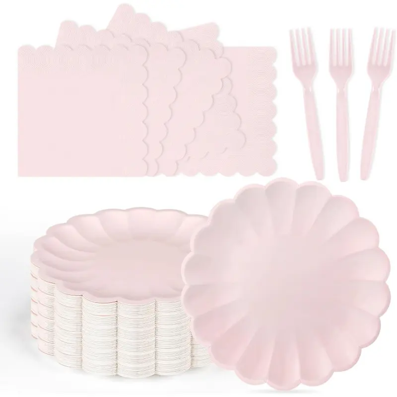 75 Pcs Pink Paper Plates and Napkins Disposable Tableware Set Include Light Pink Scalloped Plates with Shell Edge, Napkins & Forks for Mother's Day Wedding Baby Shower Birthday, Serve for 25 Guests