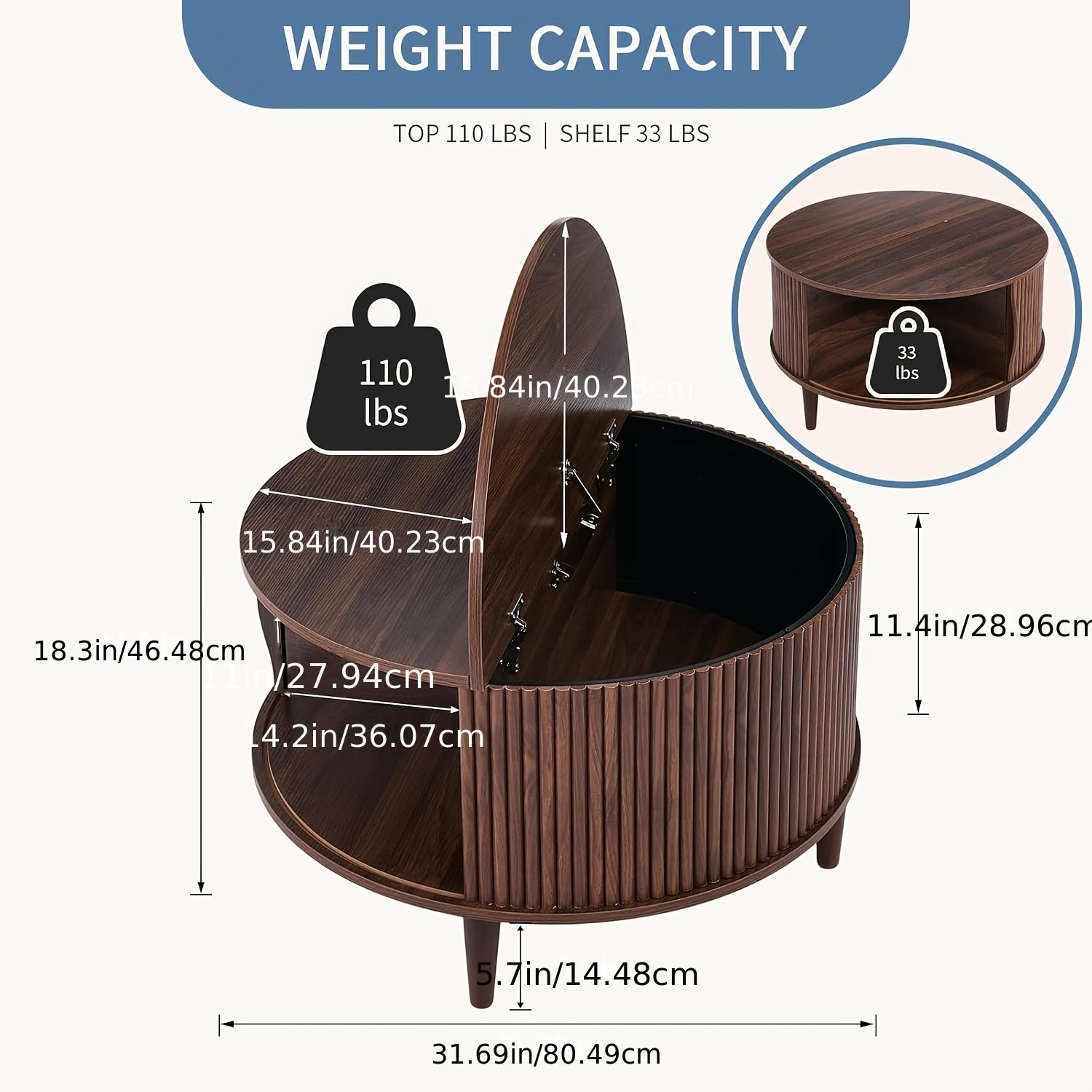 Mid-Century Modern Round Coffee Table with Storage | 31.69" Fluted Center Table with Sliding Door & 2-Tier Rustic Wood Top for Living Room, Artificial Board & Hardwood, Multifunctional, Wood Color, OLIXIS Brand