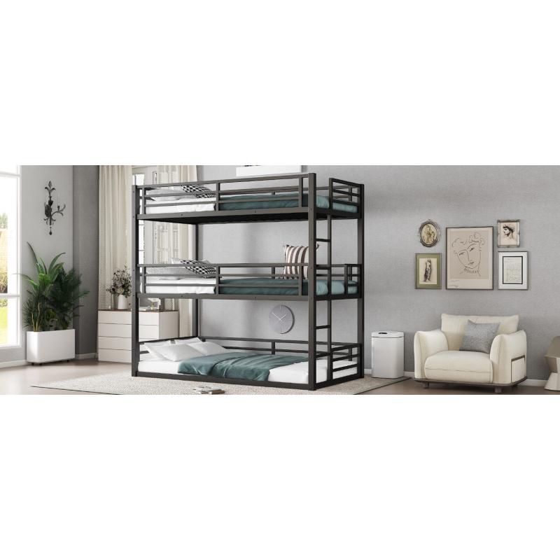 Twin  over Twin  over Twin  Bunk Bed, Metal Triple Bunk Bed with Safety Guardrails, Heavy-duty Bunk Bed with Noise-reduced Design, Black