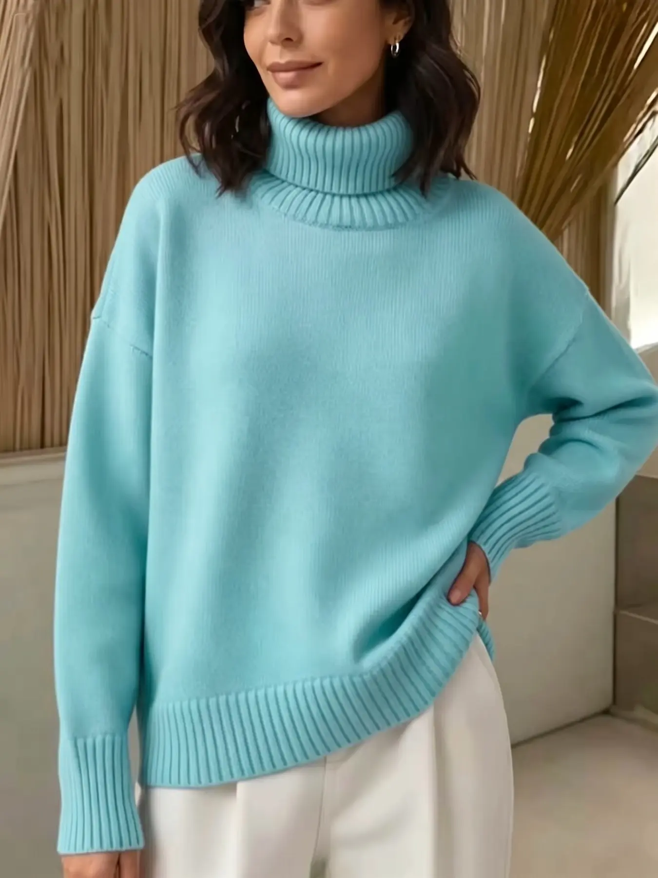 Women's Soft Knit Sweater, Light Blue High Neck Drop Shoulder, Loose Fit Casual Pullover, Fall Winter Fashion, Cozy and Comfortable