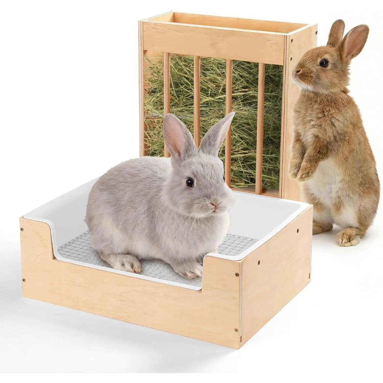 Extra-Large 2-in-1 Rabbit Litter Box & Hay Feeder Set Wood Mess Proof for Guinea Pigs Chinchillas Hamsters and Rabbits