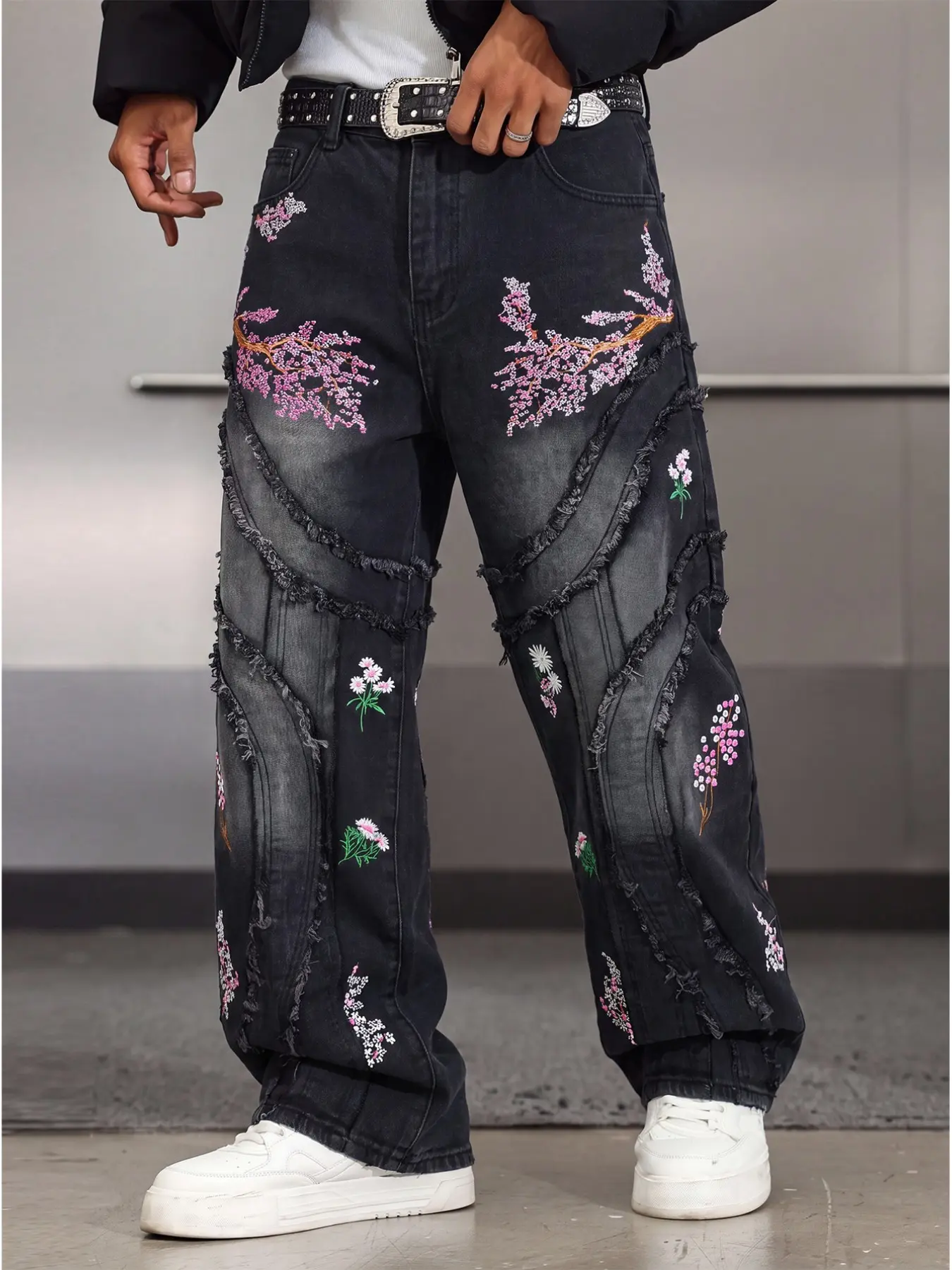 Men's Black Floral Embroidery Jeans Y2K Baggy Straight Leg Pants Patchwork Raw Edge Vintage Streetwear Denim Trousers