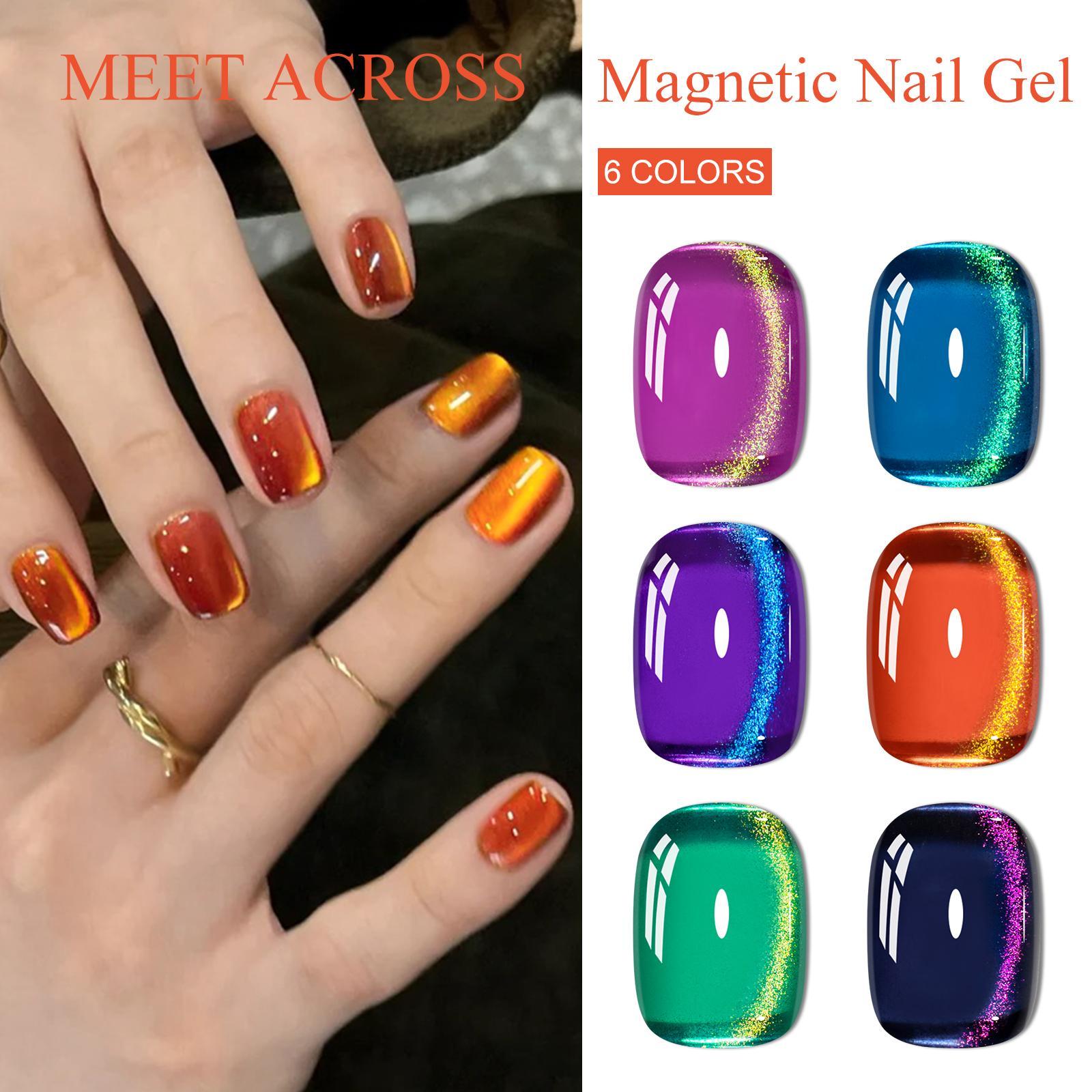 MEET ACROSS 7 Pcs Colorful Gem Cat Eye Gel Nail Polish Set, Super Bright Magnetic Transparent Long-Lasting Soak-Off Gel for Home or Salon UV/LED Nail Art DIY