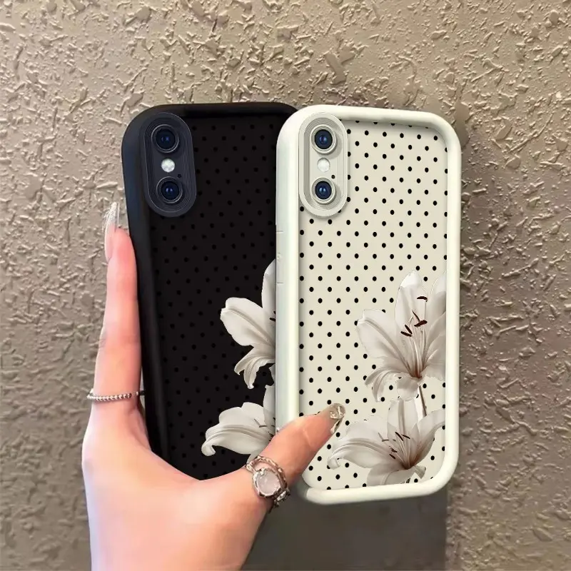 ROOJTNK6X Soft Silicone-PC Phone Case for iPhone X/XS/XS Max, TPU-Enhanced Protection, Layered Cover with HD Printed Elegant White Lilies on Polka Dot & Celestial Eye Design, Gift-Worthy Mobile Accessory