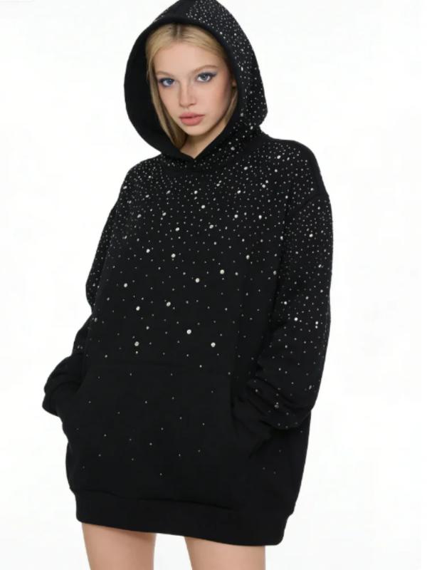 Kyn Apparel Rhinestone Studded Hoodie Women & Men Sparkle Starry Print Pullover Fall   Punk Aesthetic