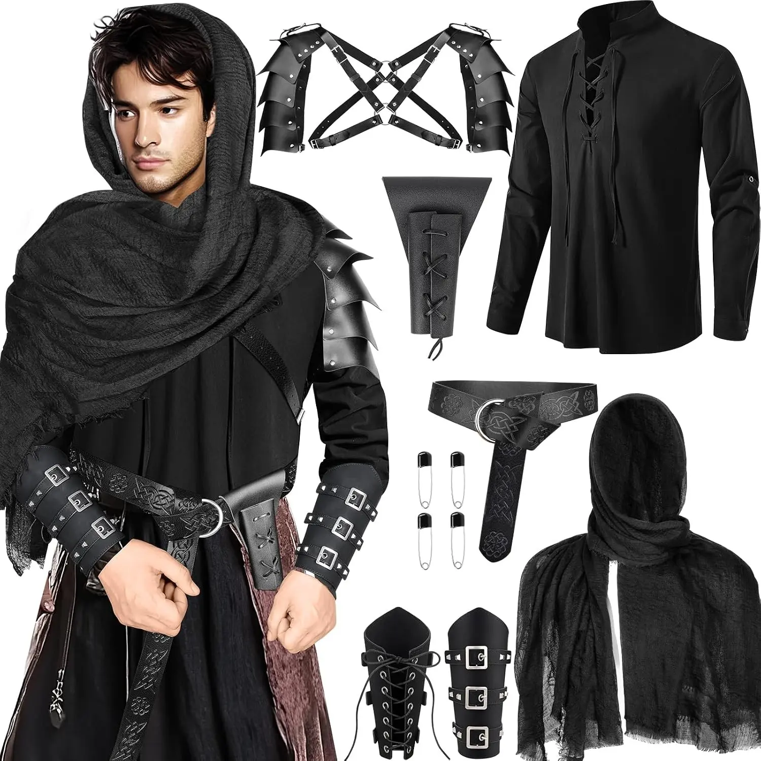 Men's 7-Piece Renaissance Costume Set Medieval Pirate Shirt Viking Shawl Belt Shoulder Armor Sword Bag Cosplay(Gift)