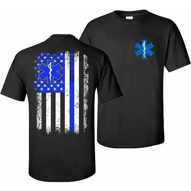Distressed American Flag EMT Menswear T-Shirt - Casual Cotton Short-Sleeve Crew Neck Graphic Top for First Responder Blue Line Support, Streetwear, Machine Washable, Regular Fit, Normal Type