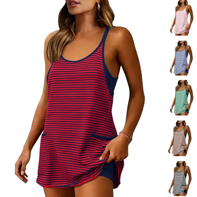 Women Tennis Dress with Built-in Shorts Pockets Sleeveless V Neck Spaghetti Straps 4th Of July Striped Mini Athletic Dress Summer Patriotic Golf Workout Outfit