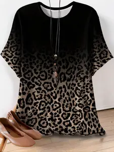 Women's Plus Size Casual Leopard Print Short Sleeve T-Shirt, Top, Polyester Blend Round Neck, Medium Stretch Knitted Fabric, Fashionable Comfort Fit for All Seasons