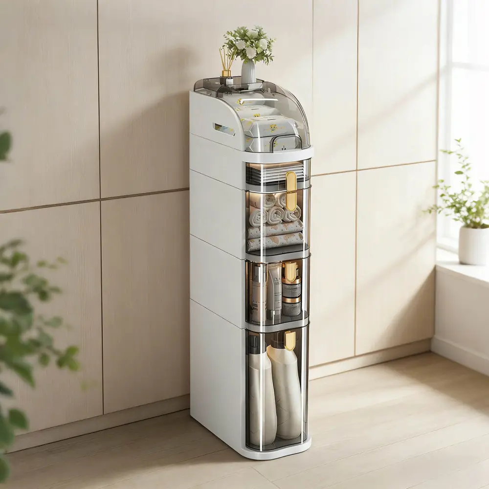5-Tier Narrow Freestanding Bathroom Storage Cabinet with Wheels, Mobile No-Installation Rolling Organizer, Space-Saving Home Decor Storage Organization Unit for Small Bathroom & Laundry Room Gaps